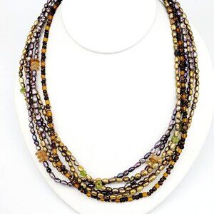 Coldwater Creek Multistrand Dyed Freshwater Pearl & Seed Bead Necklace Wood Cone